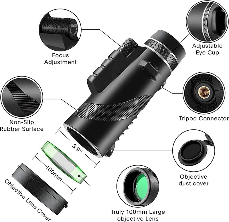 KTBDING Monocular-Telescope 80x100 High Powered Monoculars High Definition for Adults High Powered with Smartphone Adapter Telescope Hunting Wildlife Bird Watching Travel Camping Hiking-Black - Image 2